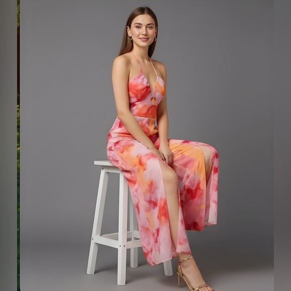 Chiffon Tie Dye Split Thigh Wide Leg Jumpsuit - Picture 3 of 9